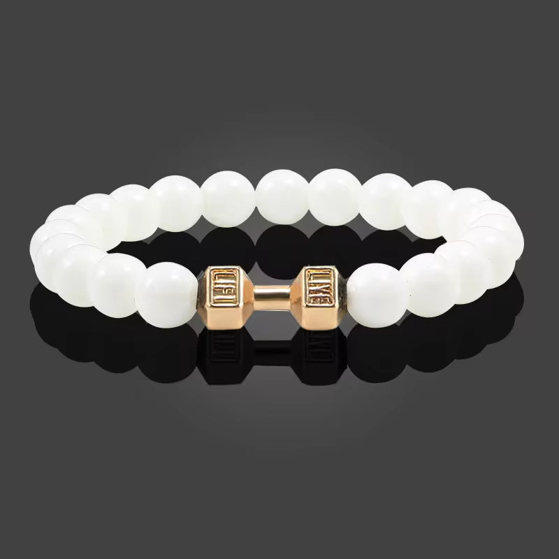 Natural Volcanic Stone Dumbbell Bracelet – Matte Black Lava & White Beads Fitness Jewelry for Men & Women