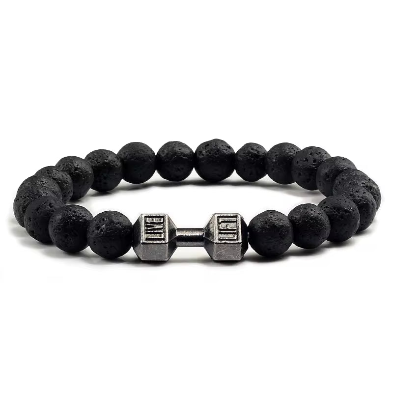 Natural Volcanic Stone Dumbbell Bracelet – Matte Black Lava & White Beads Fitness Jewelry for Men & Women