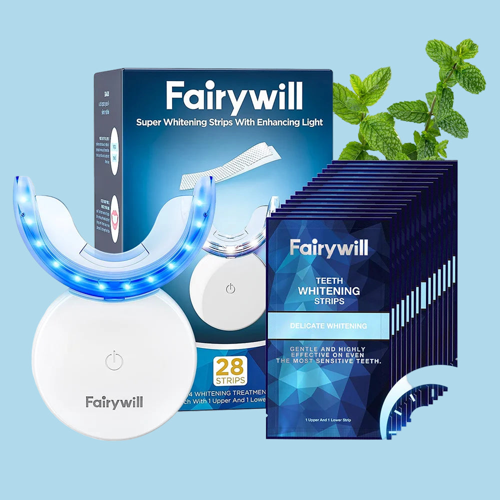 Portable LED Teeth Whitening Kit – Rechargeable Blue Light & 28 Sensitive-Friendly Whitening Strips