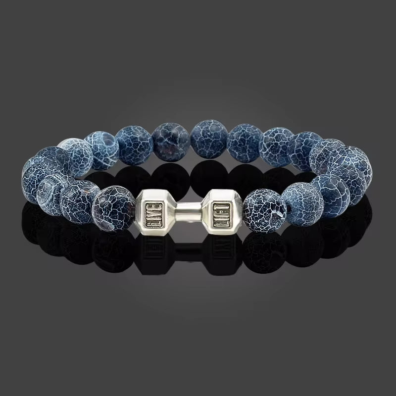 Natural Volcanic Stone Dumbbell Bracelet – Matte Black Lava & White Beads Fitness Jewelry for Men & Women