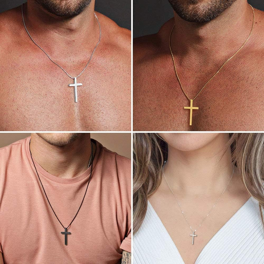 Men’s Stainless Steel Cross Pendant Necklace – Silver, Black & Gold with Box Chain (20 Inch)