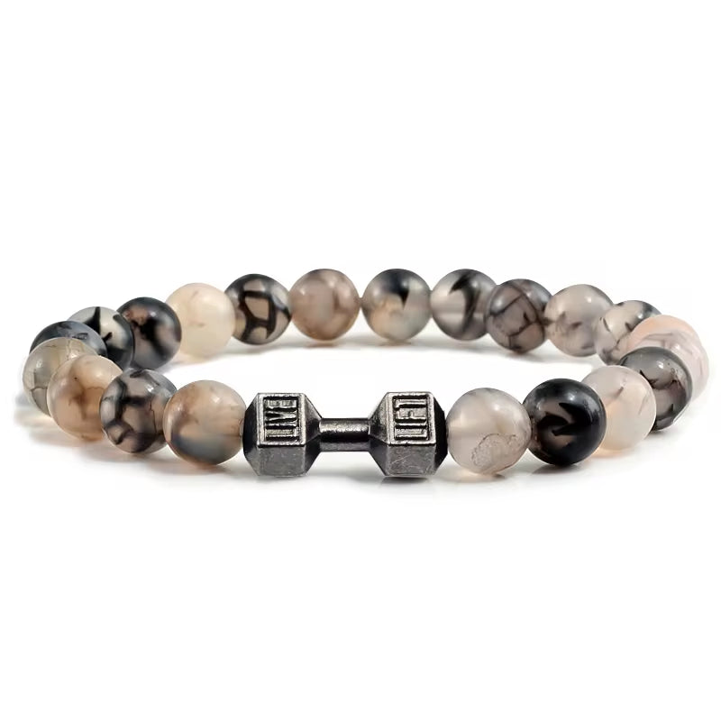 Natural Volcanic Stone Dumbbell Bracelet – Matte Black Lava & White Beads Fitness Jewelry for Men & Women