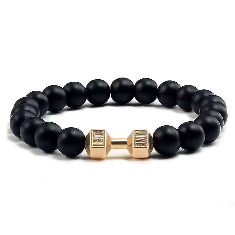 Natural Volcanic Stone Dumbbell Bracelet – Matte Black Lava & White Beads Fitness Jewelry for Men & Women