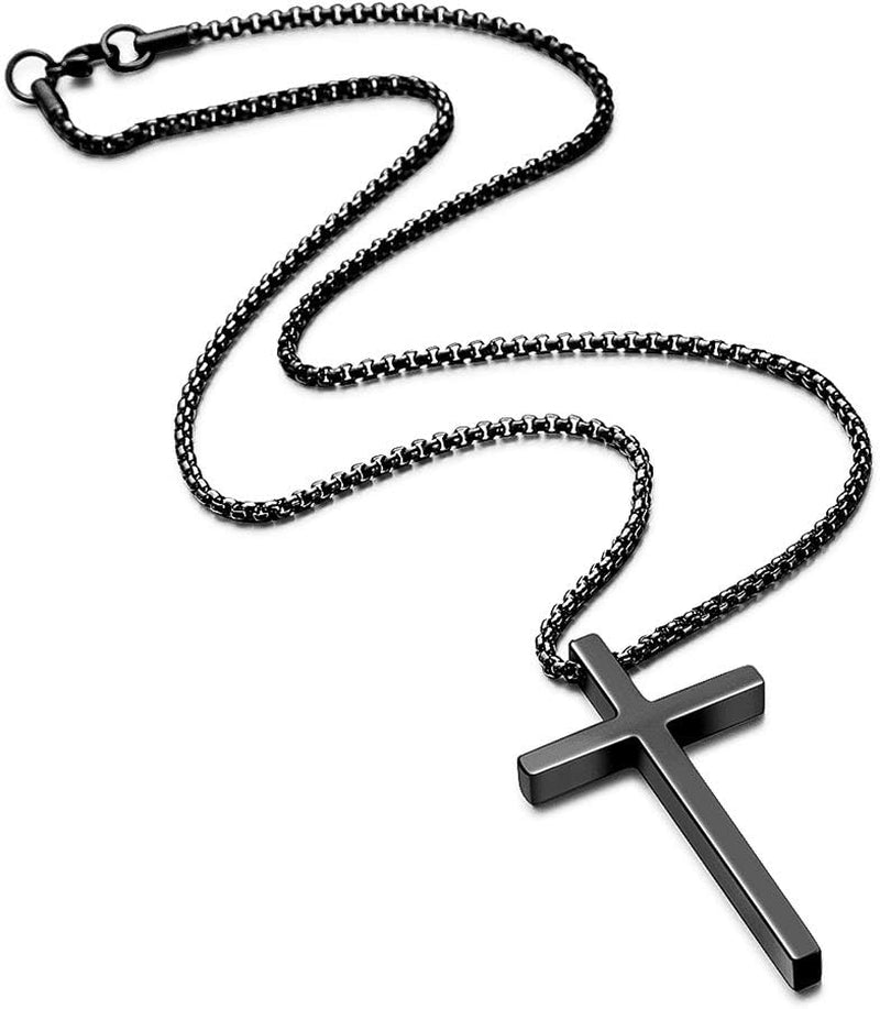 Men’s Stainless Steel Cross Pendant Necklace – Silver, Black & Gold with Box Chain (20 Inch)