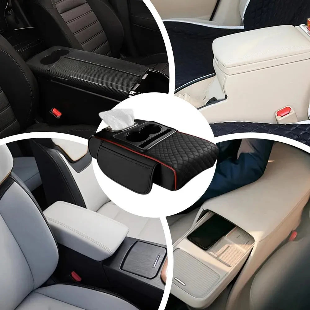 Auto Center Console Armrest Cushion with 2 Cup Holders – Heightening Pad & Pillow Cover for All Seasons
