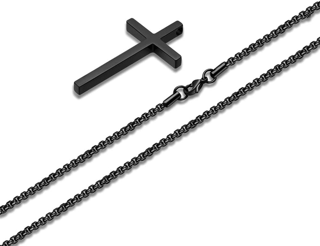 Men’s Stainless Steel Cross Pendant Necklace – Silver, Black & Gold with Box Chain (20 Inch)