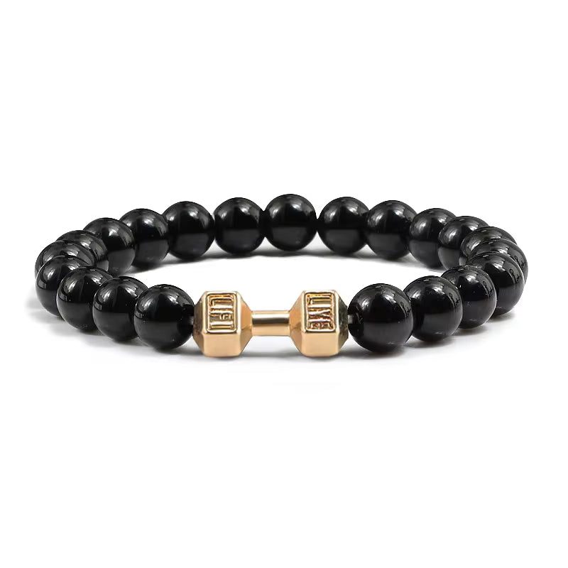 Natural Volcanic Stone Dumbbell Bracelet – Matte Black Lava & White Beads Fitness Jewelry for Men & Women