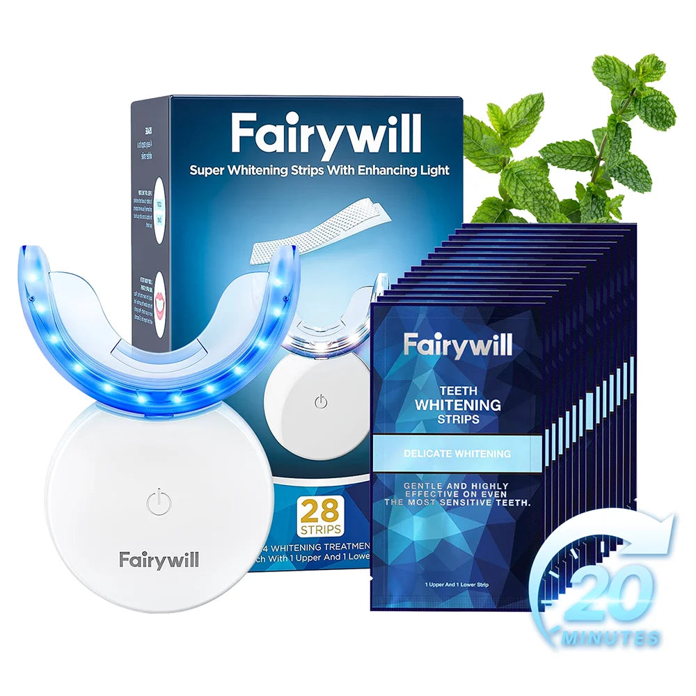 Portable LED Teeth Whitening Kit – Rechargeable Blue Light & 28 Sensitive-Friendly Whitening Strips