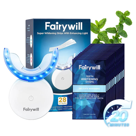 Portable LED Teeth Whitening Kit – Rechargeable Blue Light & 28 Sensitive-Friendly Whitening Strips