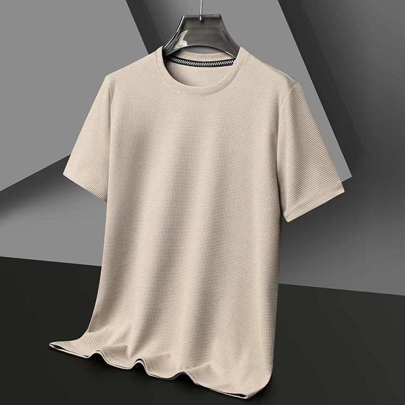 Men’s Short-Sleeved Polo T-Shirt – Waffle Knit Cotton Round Neck Casual Top