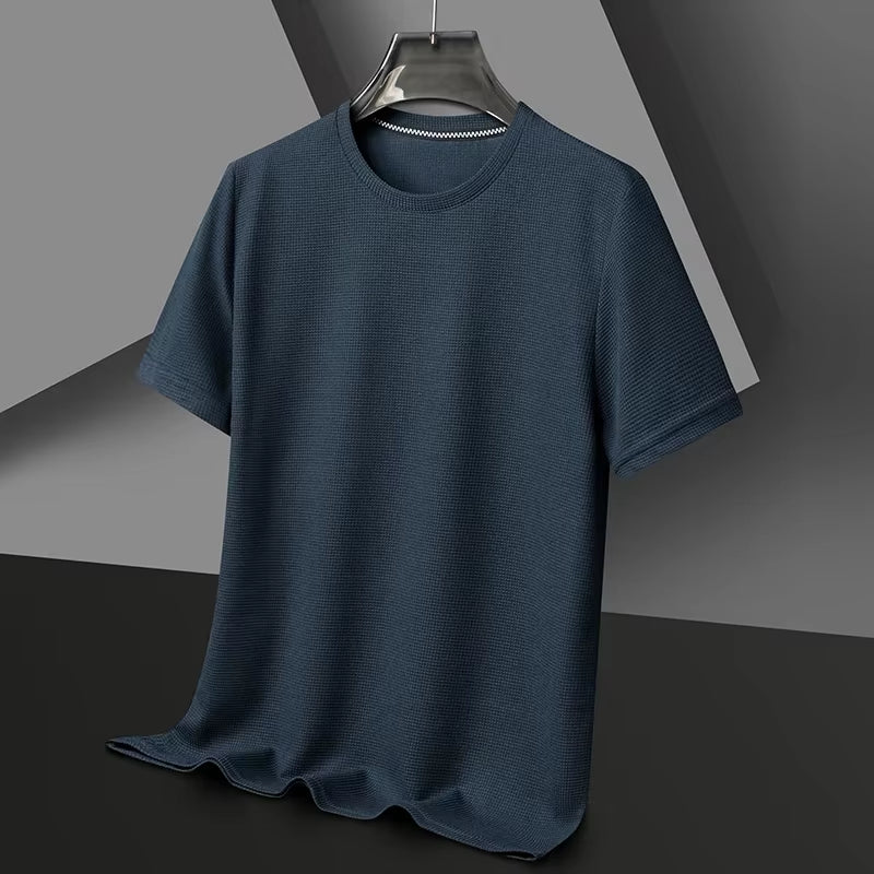Men’s Short-Sleeved Polo T-Shirt – Waffle Knit Cotton Round Neck Casual Top
