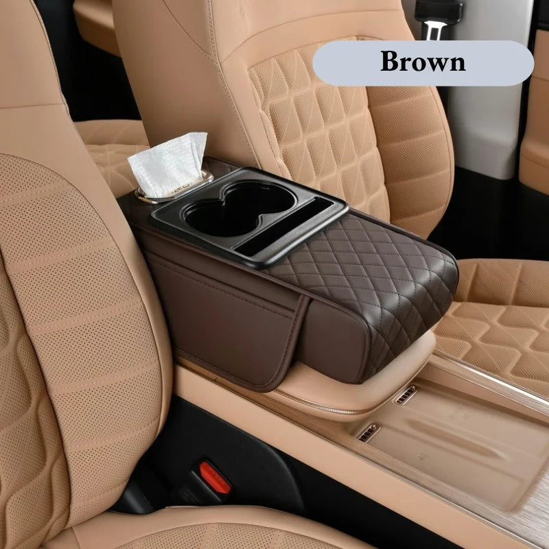 Auto Center Console Armrest Cushion with 2 Cup Holders – Heightening Pad & Pillow Cover for All Seasons