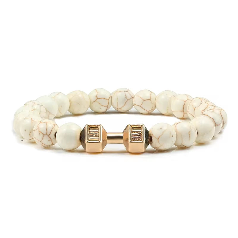 Natural Volcanic Stone Dumbbell Bracelet – Matte Black Lava & White Beads Fitness Jewelry for Men & Women