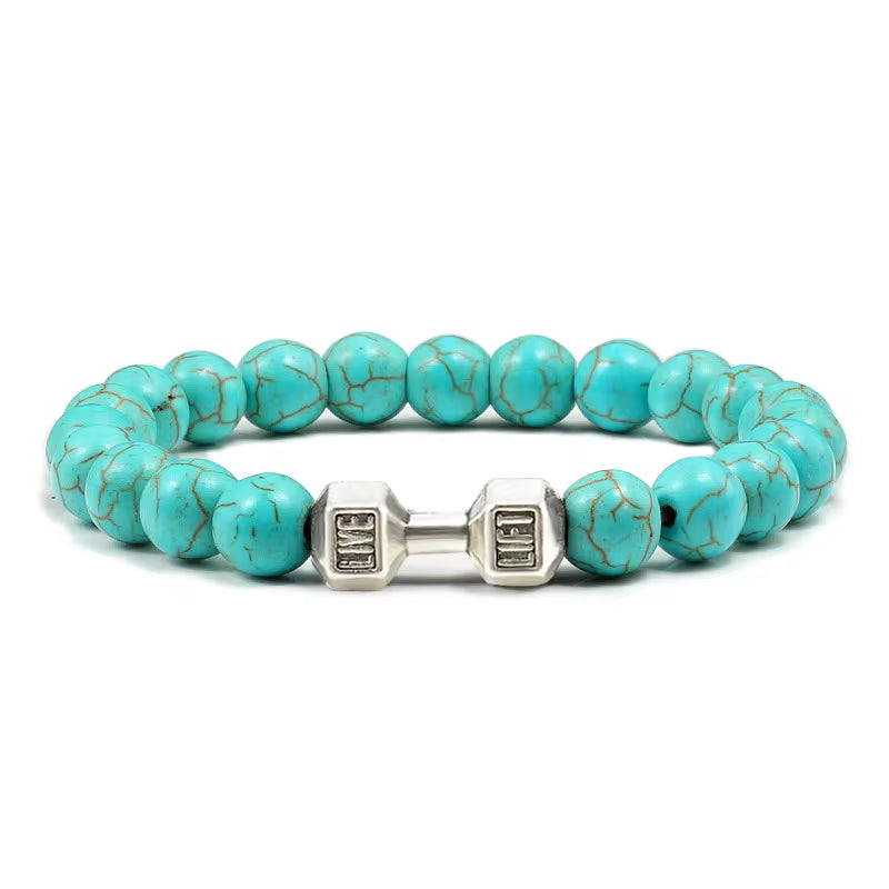 Natural Volcanic Stone Dumbbell Bracelet – Matte Black Lava & White Beads Fitness Jewelry for Men & Women