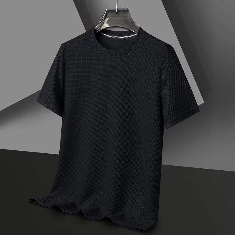 Men’s Short-Sleeved Polo T-Shirt – Waffle Knit Cotton Round Neck Casual Top