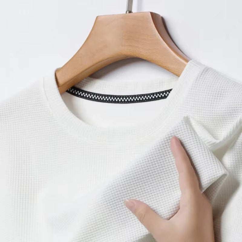 Men’s Short-Sleeved Polo T-Shirt – Waffle Knit Cotton Round Neck Casual Top