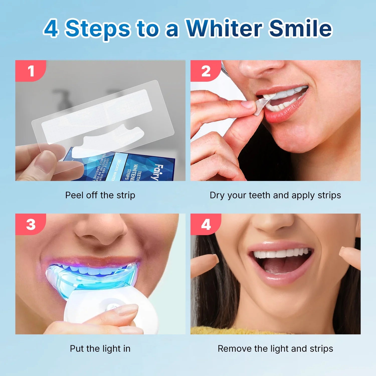 Portable LED Teeth Whitening Kit – Rechargeable Blue Light & 28 Sensitive-Friendly Whitening Strips