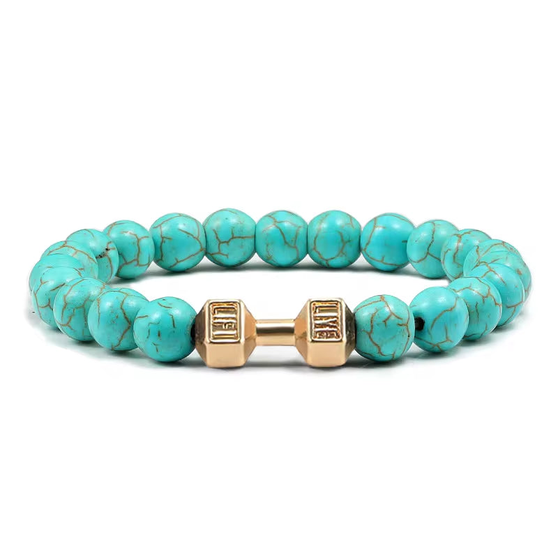 Natural Volcanic Stone Dumbbell Bracelet – Matte Black Lava & White Beads Fitness Jewelry for Men & Women