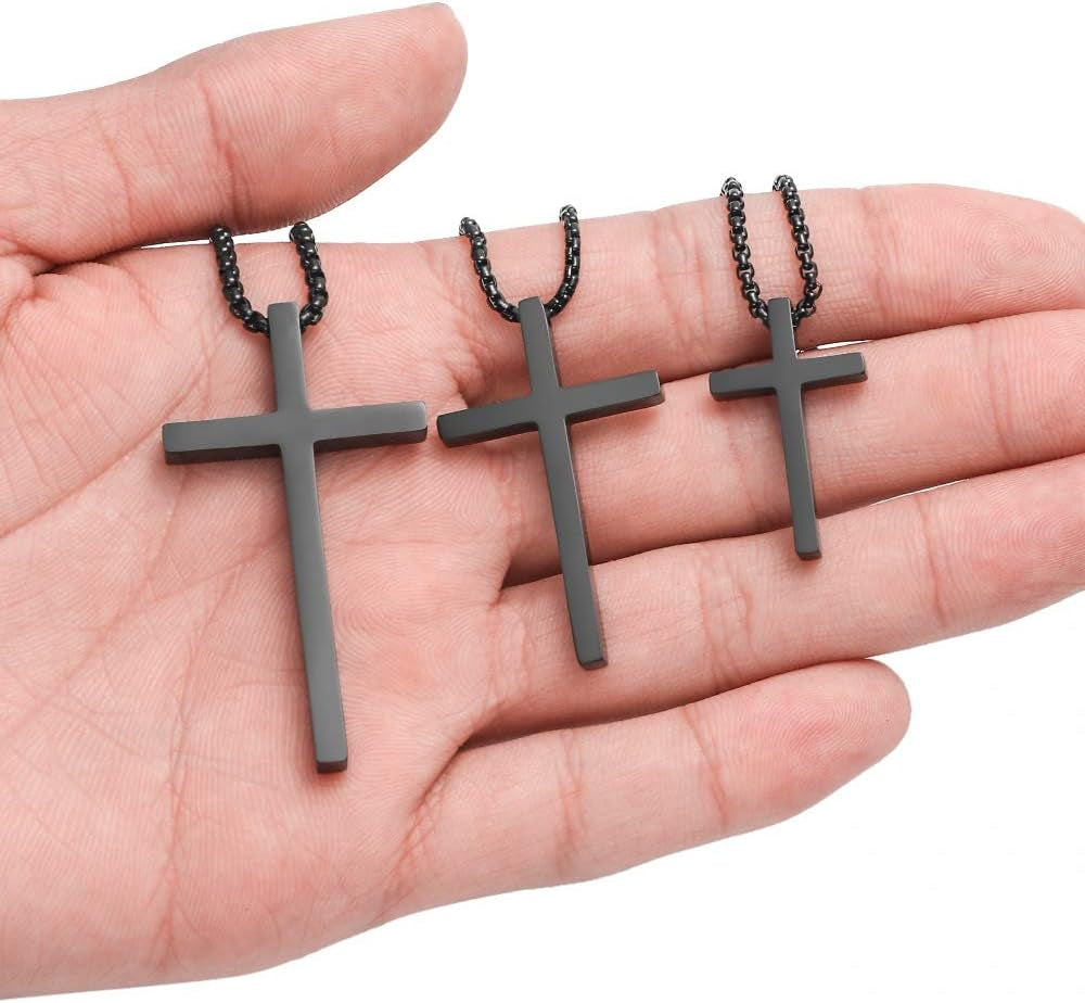 Men’s Stainless Steel Cross Pendant Necklace – Silver, Black & Gold with Box Chain (20 Inch)