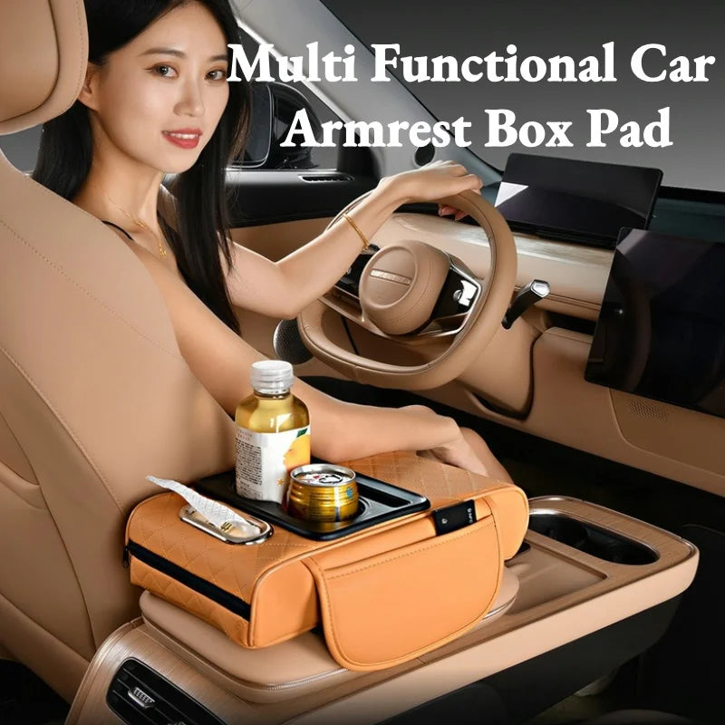Auto Center Console Armrest Cushion with 2 Cup Holders – Heightening Pad & Pillow Cover for All Seasons
