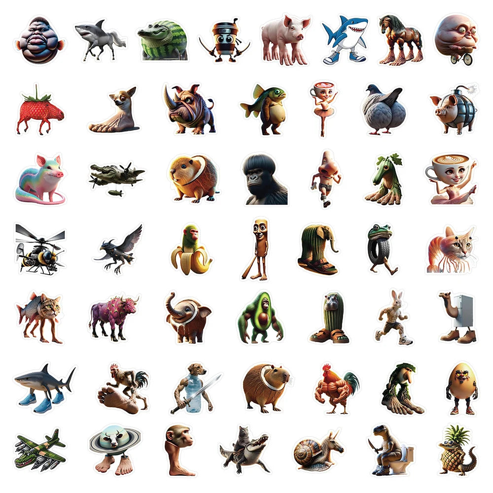 50pcs Abstract Animal Stickers – Brainrot Animals Pack for Luggage, Phone, Guitar, Laptop & More