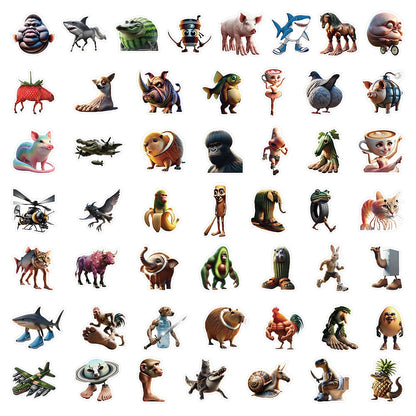 50pcs Abstract Animal Stickers – Brainrot Animals Pack for Luggage, Phone, Guitar, Laptop & More