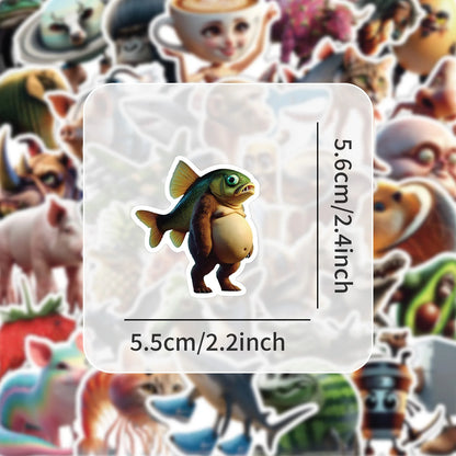 50pcs Abstract Animal Stickers – Brainrot Animals Pack for Luggage, Phone, Guitar, Laptop & More
