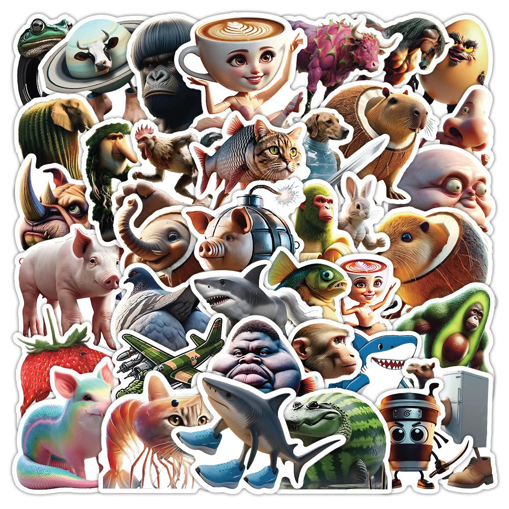50pcs Abstract Animal Stickers – Brainrot Animals Pack for Luggage, Phone, Guitar, Laptop & More
