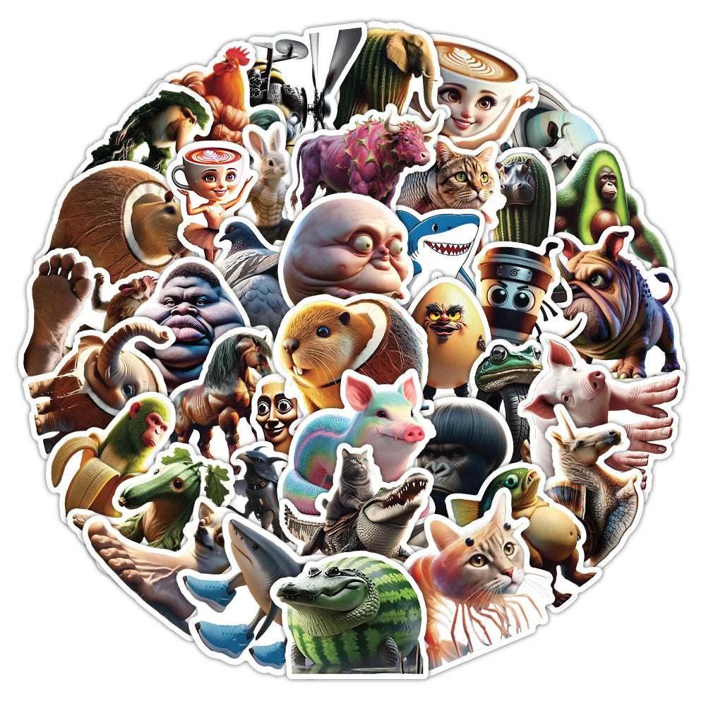 50pcs Abstract Animal Stickers – Brainrot Animals Pack for Luggage, Phone, Guitar, Laptop & More