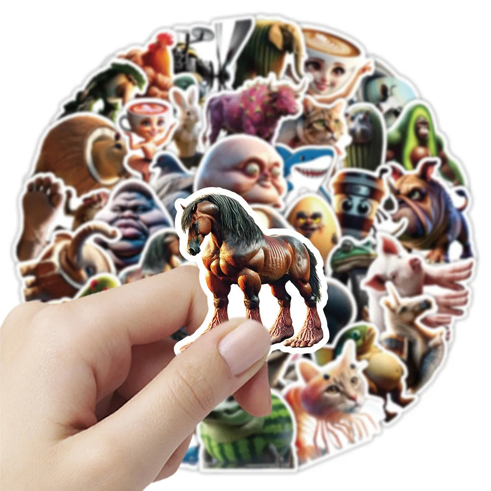 50pcs Abstract Animal Stickers – Brainrot Animals Pack for Luggage, Phone, Guitar, Laptop & More