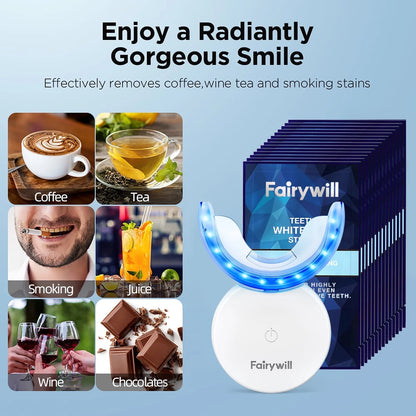 Portable LED Teeth Whitening Kit – Rechargeable Blue Light & 28 Sensitive-Friendly Whitening Strips