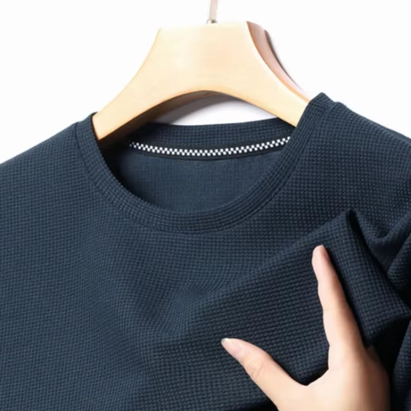 Men’s Short-Sleeved Polo T-Shirt – Waffle Knit Cotton Round Neck Casual Top