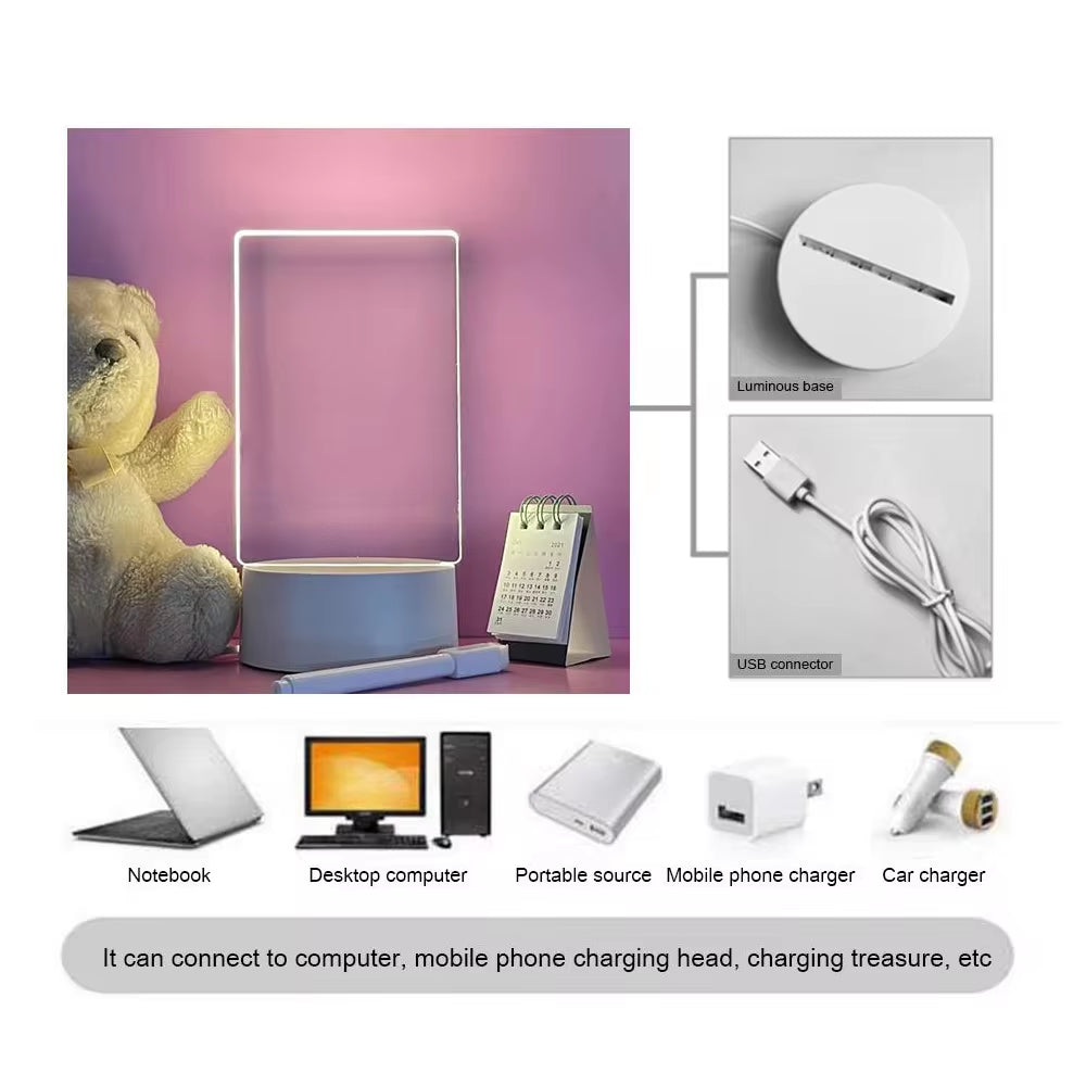 LED Message Board Night Light – USB Acrylic Lamp with Erasable Writing Surface