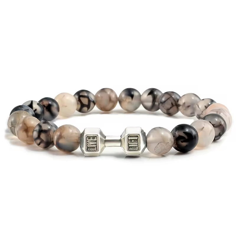 Natural Volcanic Stone Dumbbell Bracelet – Matte Black Lava & White Beads Fitness Jewelry for Men & Women