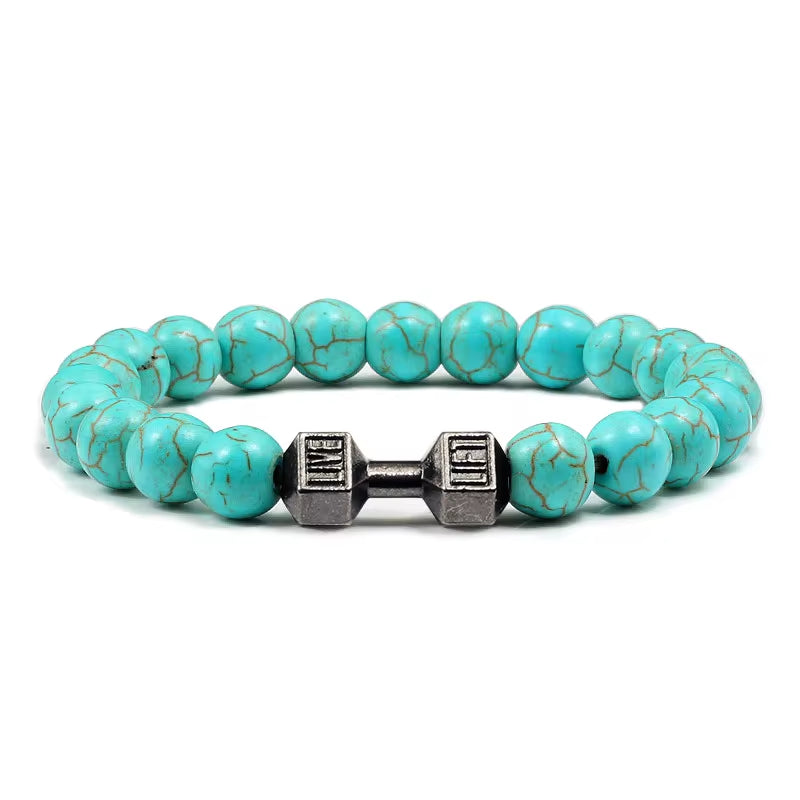 Natural Volcanic Stone Dumbbell Bracelet – Matte Black Lava & White Beads Fitness Jewelry for Men & Women