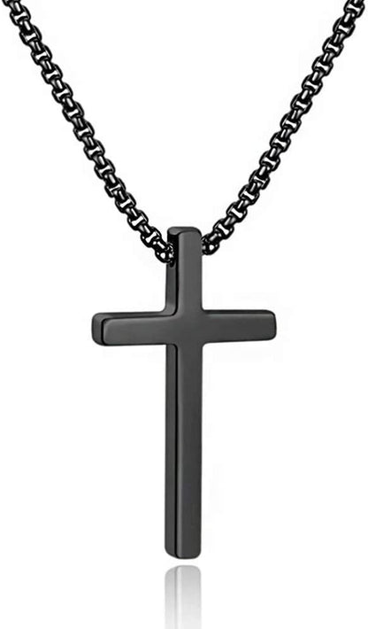 Men’s Stainless Steel Cross Pendant Necklace – Silver, Black & Gold with Box Chain (20 Inch)