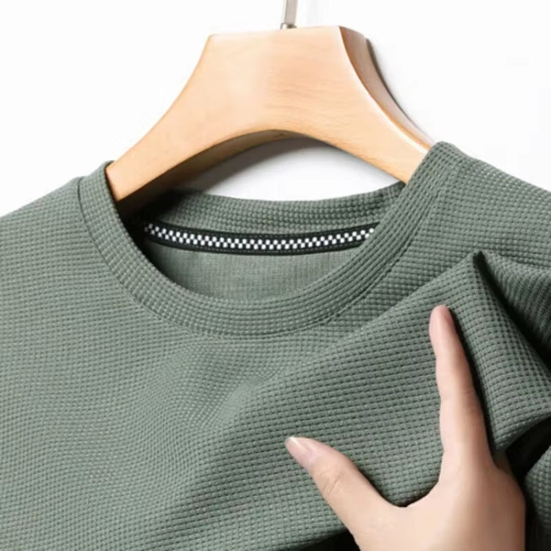 Men’s Short-Sleeved Polo T-Shirt – Waffle Knit Cotton Round Neck Casual Top