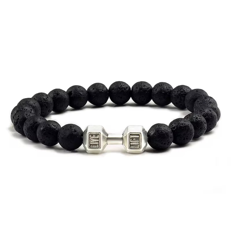 Natural Volcanic Stone Dumbbell Bracelet – Matte Black Lava & White Beads Fitness Jewelry for Men & Women