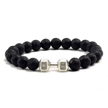 Natural Volcanic Stone Dumbbell Bracelet – Matte Black Lava & White Beads Fitness Jewelry for Men & Women