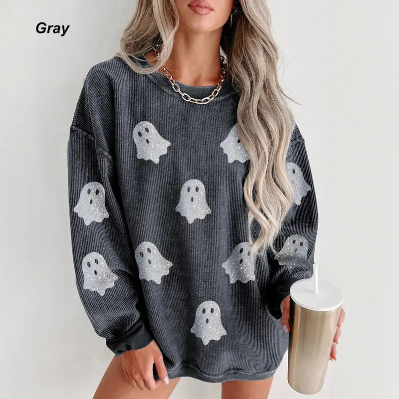 Women’s Halloween Ghost Crew Neck Sweatshirt – Cozy Loose Fit