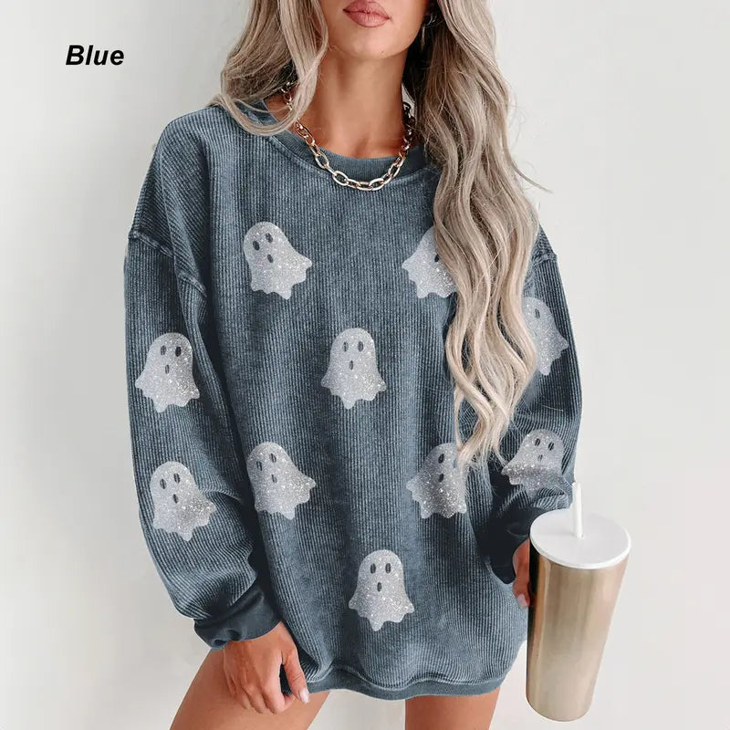 Women’s Halloween Ghost Crew Neck Sweatshirt – Cozy Loose Fit