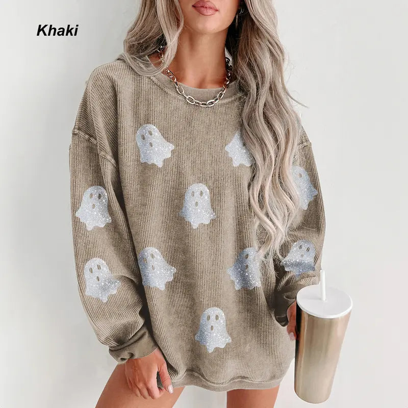 Women’s Halloween Ghost Crew Neck Sweatshirt – Cozy Loose Fit
