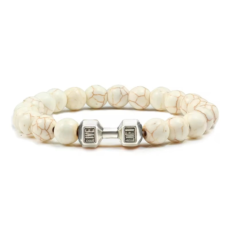 Natural Volcanic Stone Dumbbell Bracelet – Matte Black Lava & White Beads Fitness Jewelry for Men & Women