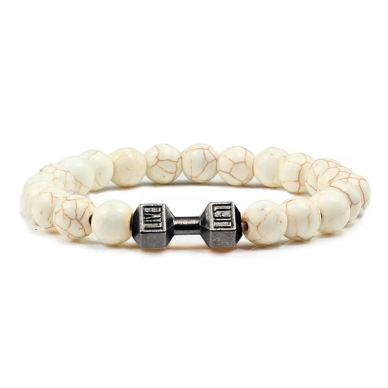 Natural Volcanic Stone Dumbbell Bracelet – Matte Black Lava & White Beads Fitness Jewelry for Men & Women