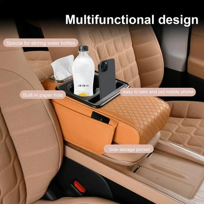 Auto Center Console Armrest Cushion with 2 Cup Holders – Heightening Pad & Pillow Cover for All Seasons