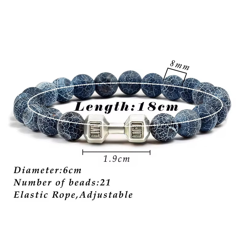 Natural Volcanic Stone Dumbbell Bracelet – Matte Black Lava & White Beads Fitness Jewelry for Men & Women