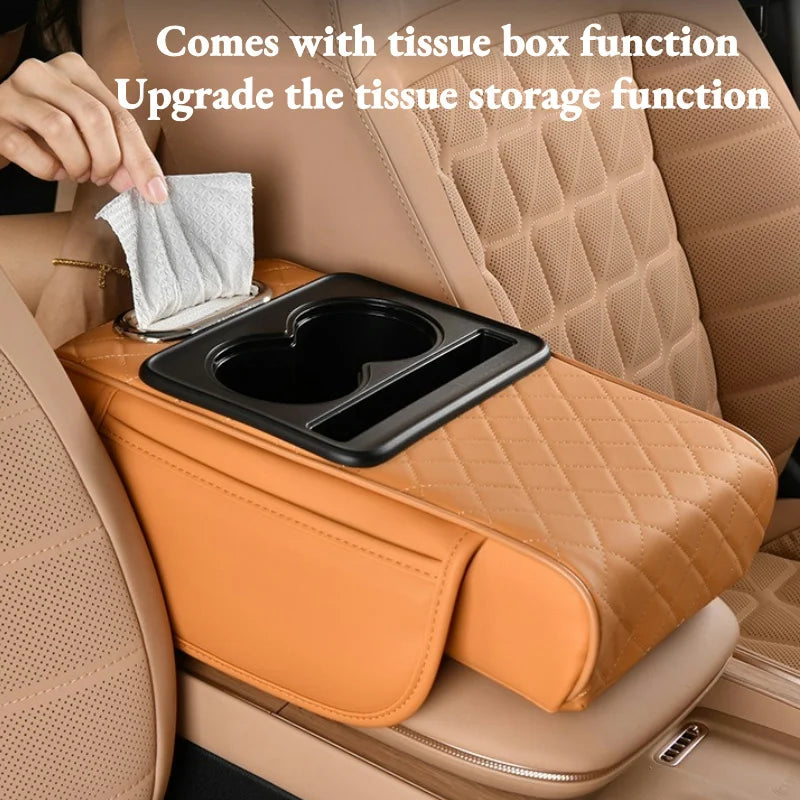 Auto Center Console Armrest Cushion with 2 Cup Holders – Heightening Pad & Pillow Cover for All Seasons